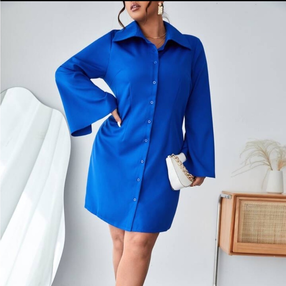 🔵 Blue Flounce Sleeve Button-Up Dress Size Medium/6